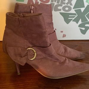 Ladi Like Pink Suede Stiletto Booties with Side Buckle Bow